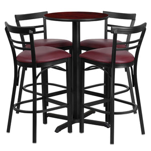 English Elm Carlton Round Laminate Table Set with Sturdy X-Base & 4 Comfortable Two-Slat Metal Barstools Mahogany Top/Burgundy Vinyl Seat 24" Round HDBF1038-GG