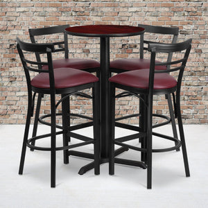 English Elm Carlton Round Laminate Table Set with Sturdy X-Base & 4 Comfortable Two-Slat Metal Barstools Mahogany Top/Burgundy Vinyl Seat 24" Round HDBF1038-GG