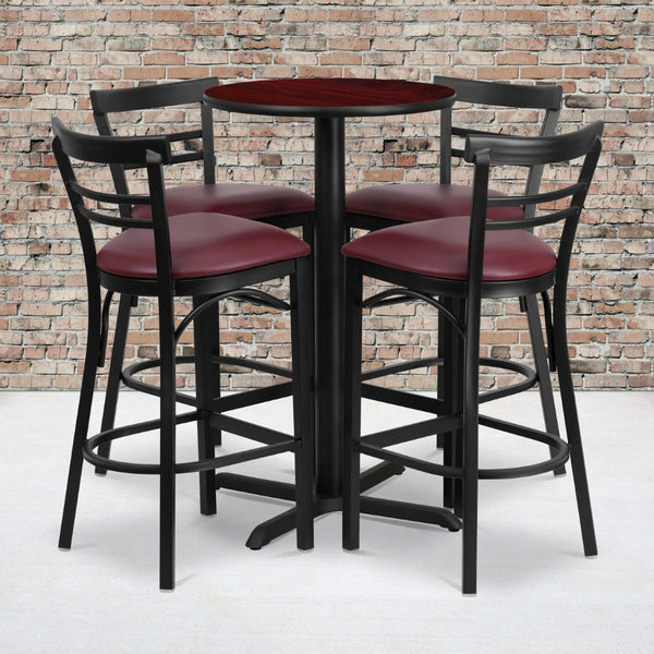 English Elm Carlton Round Laminate Table Set with Sturdy X-Base & 4 Comfortable Two-Slat Metal Barstools Mahogany Top/Burgundy Vinyl Seat 24" Round HDBF1038-GG