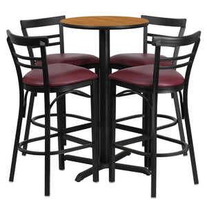 English Elm Carlton Round Laminate Table Set with Sturdy X-Base & 4 Comfortable Two-Slat Metal Barstools Natural Top/Burgundy Vinyl Seat 24" Round HDBF1039-GG