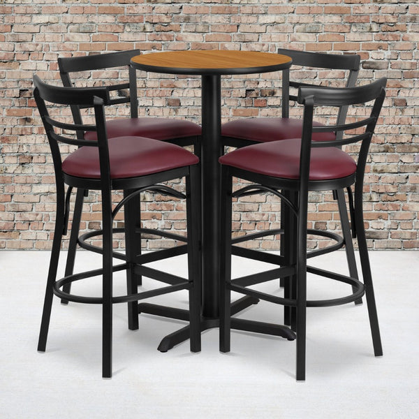English Elm Carlton Round Laminate Table Set with Sturdy X-Base & 4 Comfortable Two-Slat Metal Barstools Natural Top/Burgundy Vinyl Seat 24" Round HDBF1039-GG
