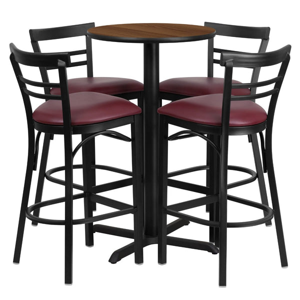 English Elm Carlton Round Laminate Table Set with Sturdy X-Base & 4 Comfortable Two-Slat Metal Barstools Walnut Top/Burgundy Vinyl Seat 24" Round HDBF1040-GG