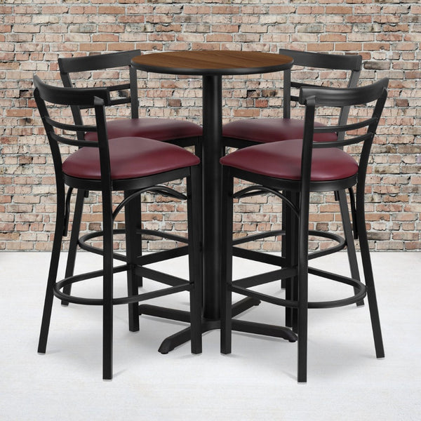 English Elm Carlton Round Laminate Table Set with Sturdy X-Base & 4 Comfortable Two-Slat Metal Barstools Walnut Top/Burgundy Vinyl Seat 24" Round HDBF1040-GG