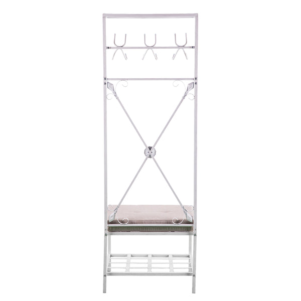 Safavieh Dovanti Rustic Hall Tree With Padded Bench Scrollwork Iron Frame And Mudroom Storage HE3193