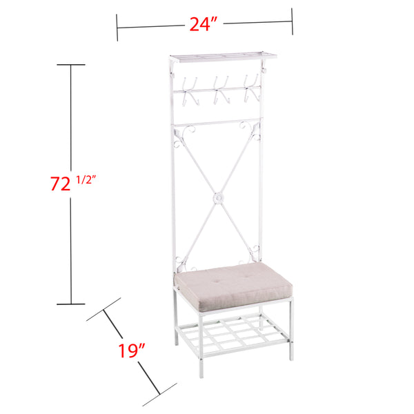 Safavieh Dovanti Rustic Hall Tree With Padded Bench Scrollwork Iron Frame And Mudroom Storage HE3193