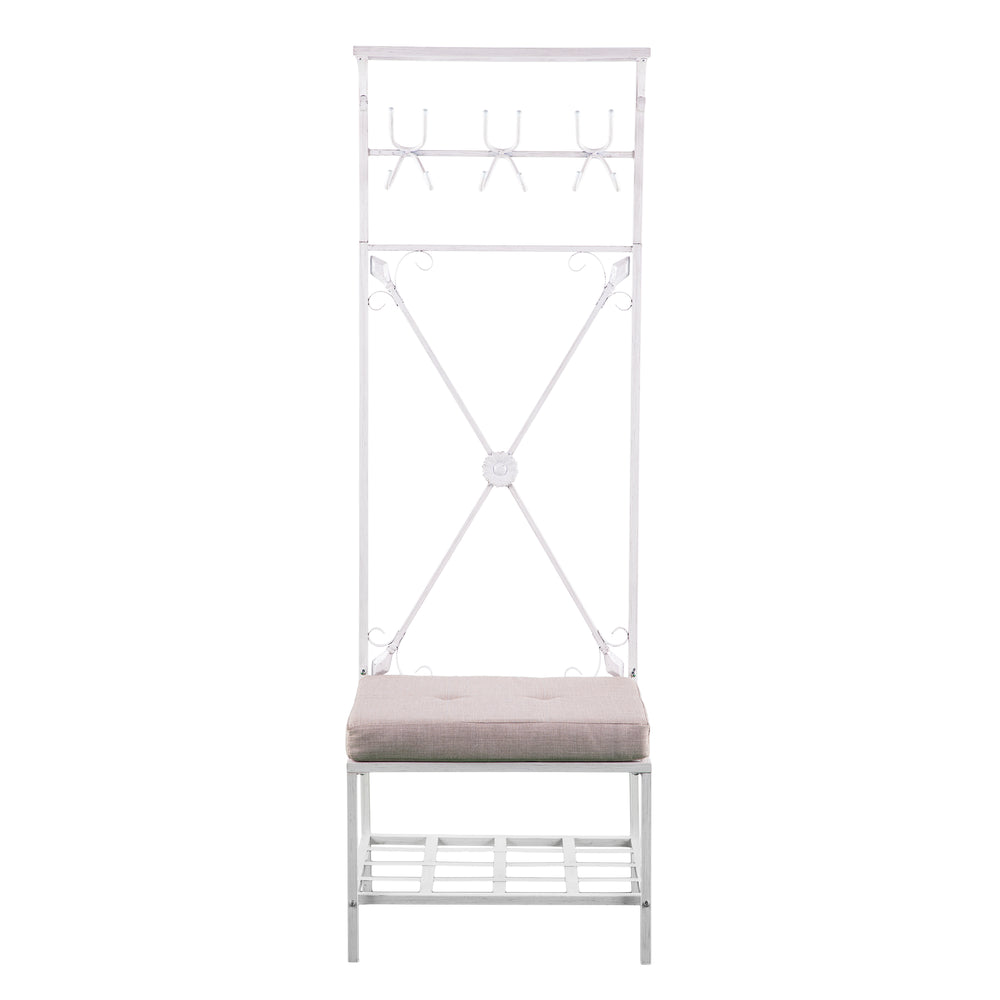 Safavieh Dovanti Rustic Hall Tree With Padded Bench Scrollwork Iron Frame And Mudroom Storage HE3193