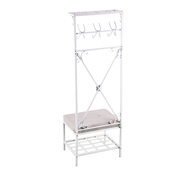 Safavieh Dovanti Rustic Hall Tree With Padded Bench Scrollwork Iron Frame And Mudroom Storage HE3193