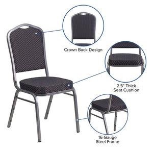 English Elm HERCULES Crown Back Banquet Chair - Elegant Navy Upholstered Seat, Sturdy Gold Frame for Events Black Patterned Fabric/Silver Vein Frame HF-C01-SV-E26-BK-GG