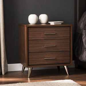 Safavieh Oren 3 Drawer Nightstand With Retro Metallic Legs Two Tone Finish For Modern Bedrooms BROWN HF6843
