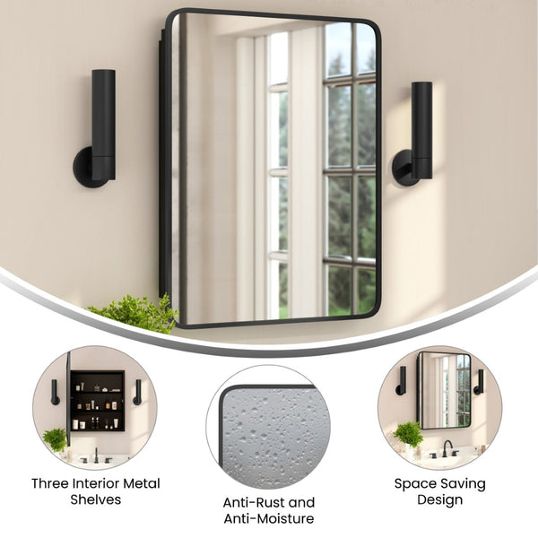 English Elm Jolie 24" x 30" Recessed Bathroom Medicine Cabinet with Rounded Beveled Mirror & Three Shelves Black HFKHD-FM23C0401-L-BLK-GG