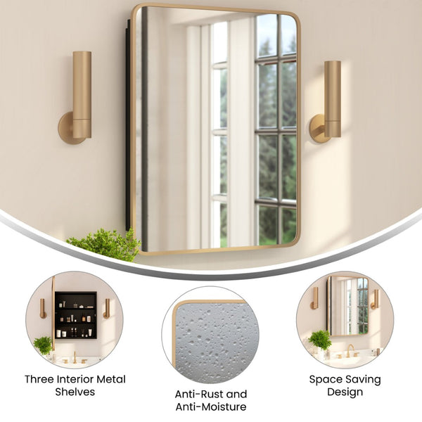 English Elm Jolie 24" x 30" Recessed Bathroom Medicine Cabinet with Rounded Beveled Mirror & Three Shelves Gold HFKHD-FM23C0401-L-GLD-GG