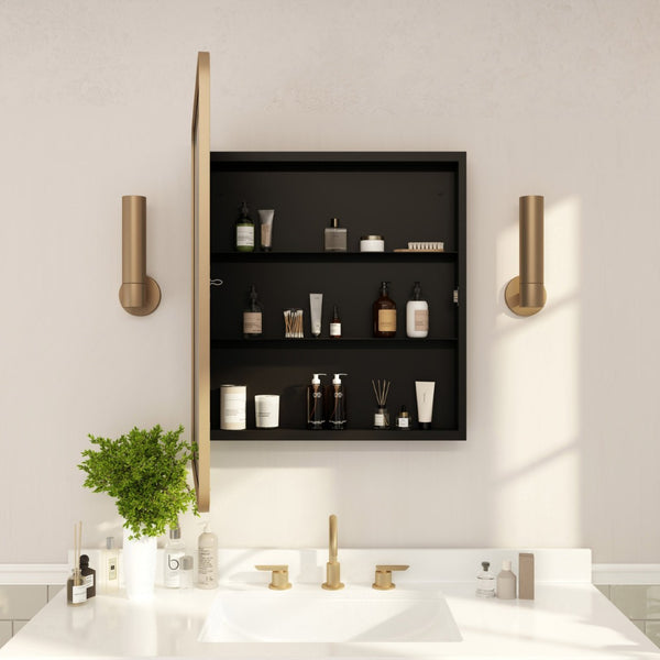 English Elm Jolie 24" x 30" Recessed Bathroom Medicine Cabinet with Rounded Beveled Mirror & Three Shelves Gold HFKHD-FM23C0401-L-GLD-GG