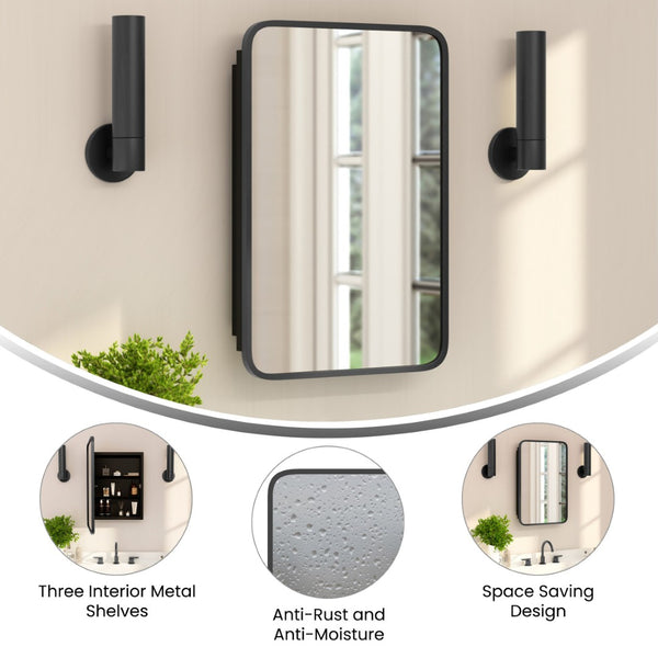 English Elm Jolie 16" x 24" Recessed Bathroom Medicine Cabinet with Rounded Beveled Mirror and Three Shelves Black HFKHD-FM23C0401-S-BLK-GG