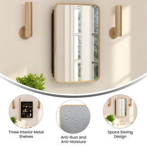 English Elm Jolie 16" x 24" Recessed Bathroom Medicine Cabinet with Rounded Beveled Mirror and Three Shelves Gold HFKHD-FM23C0401-S-GLD-GG