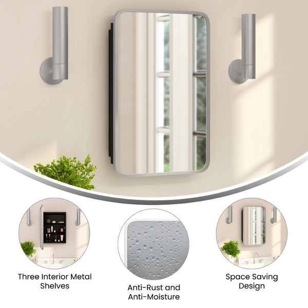 English Elm Jolie 16" x 24" Recessed Bathroom Medicine Cabinet with Rounded Beveled Mirror and Three Shelves Silver HFKHD-FM23C0401-S-SLV-GG