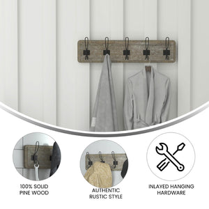 English Elm Daly Wall Mounted Solid Pine Wood Storage Rack with 5 Hooks - Perfect for Entryway and Bathroom Organization Weathered Brown Wood 24"W x 3.1"D x 6.5"H HFKHD-GDI-CRE8-232315-GG