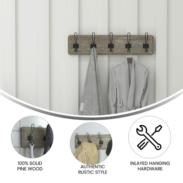 English Elm Daly Wall Mounted Solid Pine Wood Storage Rack with 5 Hooks - Perfect for Entryway and Bathroom Organization Weathered Brown Wood 24"W x 3.1"D x 6.5"H HFKHD-GDI-CRE8-232315-GG