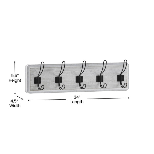 English Elm Daly Wall Mounted Solid Pine Wood Storage Rack with 5 Hooks - Perfect for Entryway and Bathroom Organization White Wash 24"W x 3.1"D x 6.5"H HFKHD-GDI-CRE8-332315-GG