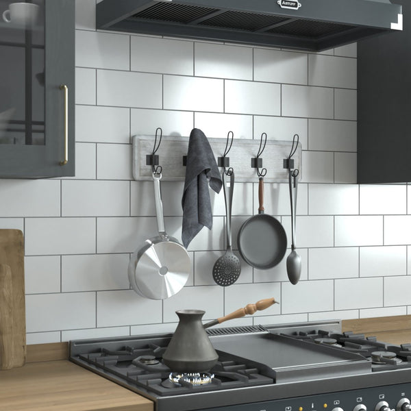 English Elm Daly Wall Mounted Solid Pine Wood Storage Rack with 5 Hooks - Perfect for Entryway and Bathroom Organization White Wash 24"W x 3.1"D x 6.5"H HFKHD-GDI-CRE8-332315-GG