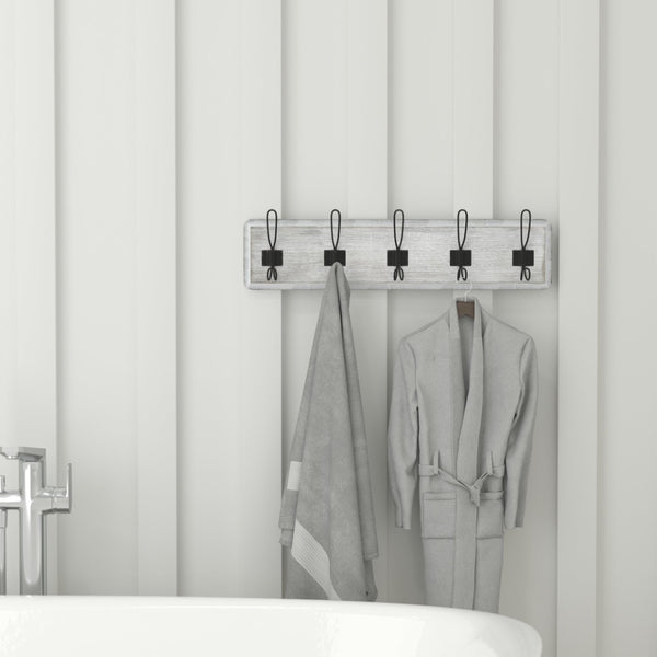 English Elm Daly Wall Mounted Solid Pine Wood Storage Rack with 5 Hooks - Perfect for Entryway and Bathroom Organization White Wash 24"W x 3.1"D x 6.5"H HFKHD-GDI-CRE8-332315-GG