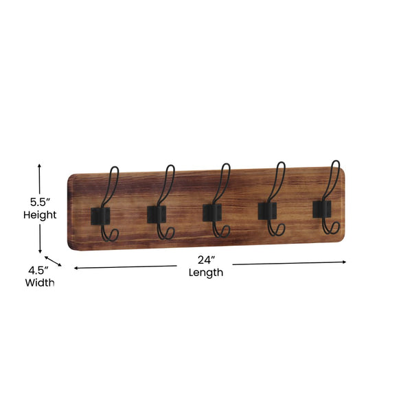 English Elm Daly Wall Mounted Solid Pine Wood Storage Rack with 5 Hooks - Perfect for Entryway and Bathroom Organization Rustic Brown 24"W x 3.1"D x 6.5"H HFKHD-GDI-CRE8-532315-GG