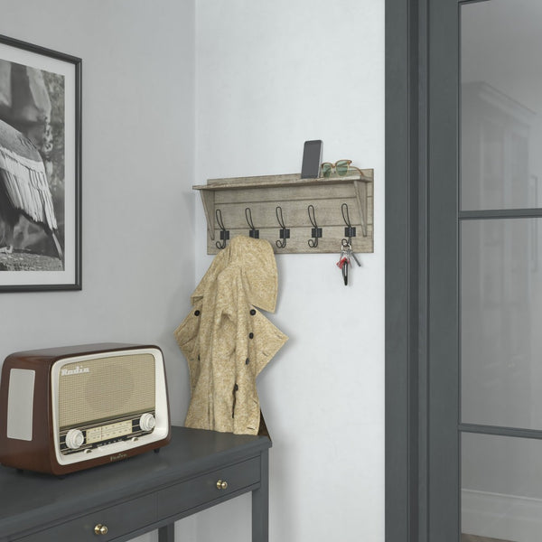 English Elm Daly Wall Mounted Solid Pine Wood Storage Rack with Upper Shelf and 5 Hooks for Organized Spaces Weathered Brown 24"W x 4.33"D x 10"H HFKHD-GDIS-CRE8-142315-GG