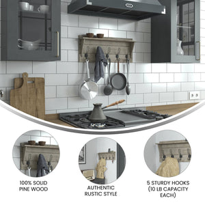 English Elm Daly Wall Mounted Solid Pine Wood Storage Rack with Upper Shelf and 5 Hooks for Organized Spaces Weathered Brown 24"W x 4.33"D x 10"H HFKHD-GDIS-CRE8-142315-GG