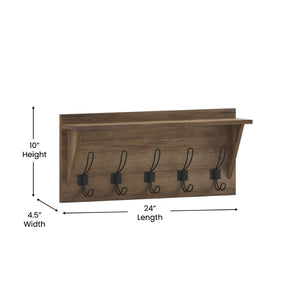 English Elm Daly Wall Mounted Solid Pine Wood Storage Rack with Upper Shelf and 5 Hooks for Organized Spaces Rustic Brown 24"W x 4.33"D x 10"H HFKHD-GDIS-CRE8-832315-GG