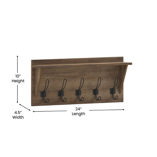 English Elm Daly Wall Mounted Solid Pine Wood Storage Rack with Upper Shelf and 5 Hooks for Organized Spaces Rustic Brown 24"W x 4.33"D x 10"H HFKHD-GDIS-CRE8-832315-GG