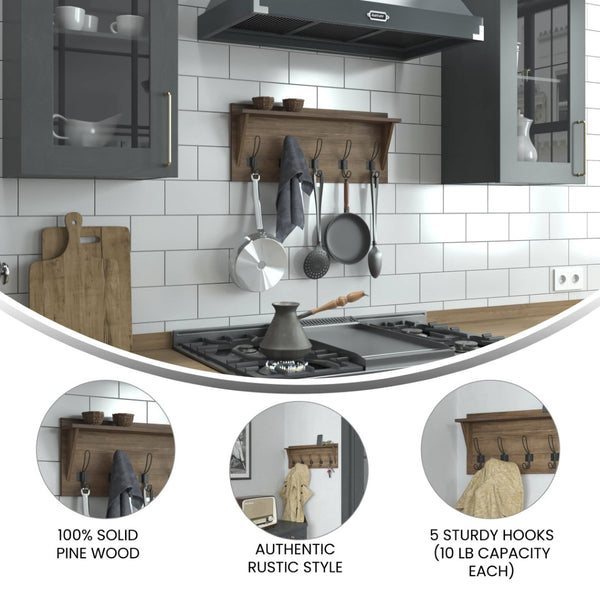 English Elm Daly Wall Mounted Solid Pine Wood Storage Rack with Upper Shelf and 5 Hooks for Organized Spaces Rustic Brown 24"W x 4.33"D x 10"H HFKHD-GDIS-CRE8-832315-GG