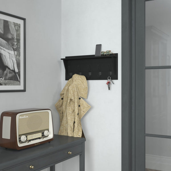 English Elm Daly Wall Mounted Solid Pine Wood Storage Rack with Upper Shelf and 5 Hooks for Organized Spaces Black 24"W x 4.33"D x 10"H HFKHD-GDIS-CRE8-932315-GG