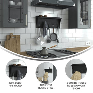 English Elm Daly Wall Mounted Solid Pine Wood Storage Rack with Upper Shelf and 5 Hooks for Organized Spaces Black 24"W x 4.33"D x 10"H HFKHD-GDIS-CRE8-932315-GG