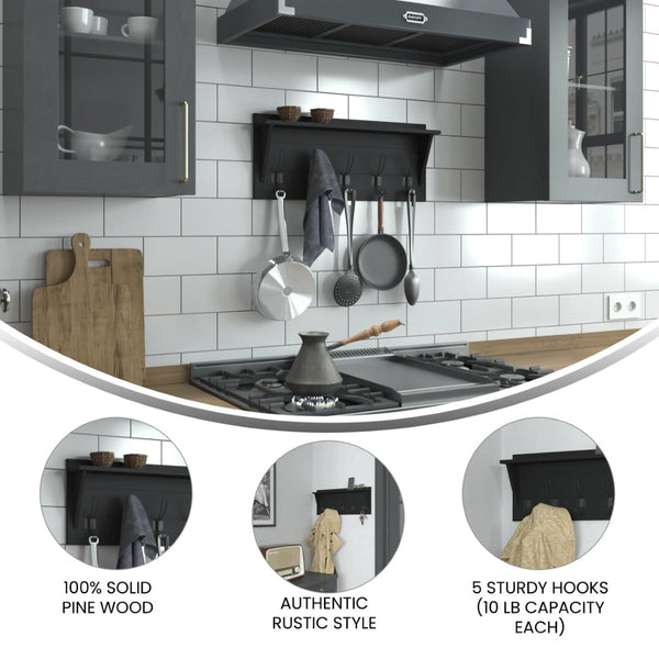 English Elm Daly Wall Mounted Solid Pine Wood Storage Rack with Upper Shelf and 5 Hooks for Organized Spaces Black 24"W x 4.33"D x 10"H HFKHD-GDIS-CRE8-932315-GG