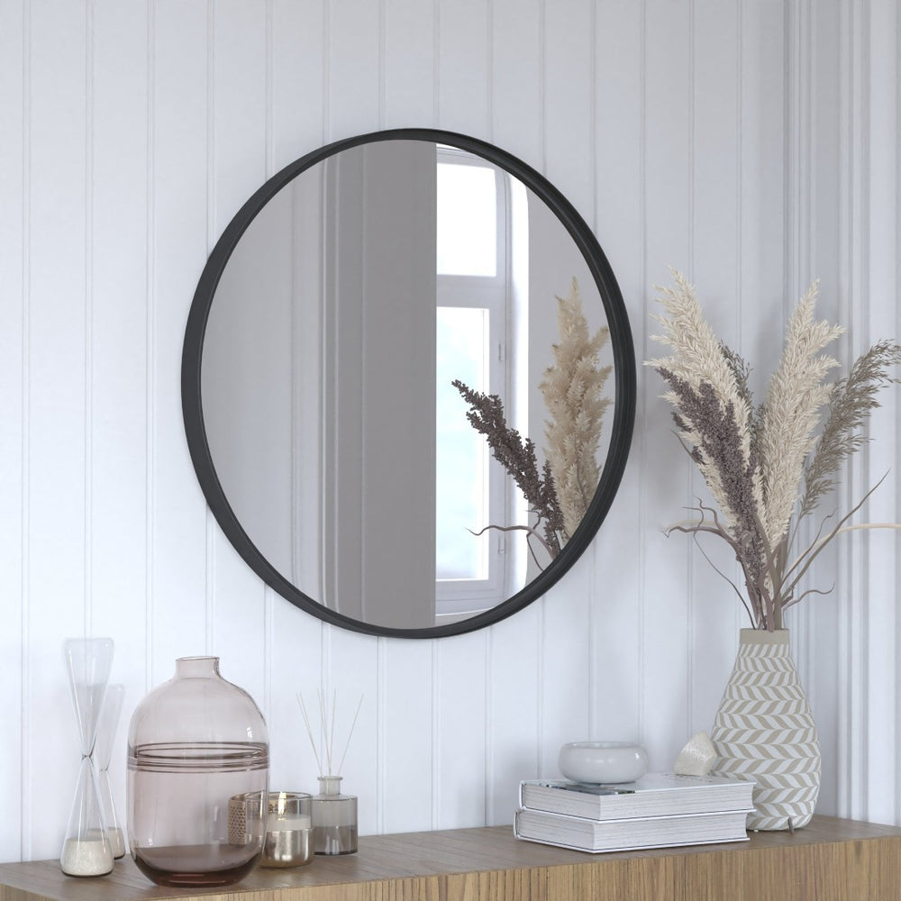 English Elm Jennifer 27.5" Modern Round Black Metal Framed Wall Mirror - Durable, Stylish Accent for Any Room HFMHD-75G-CRE8-412315-GG