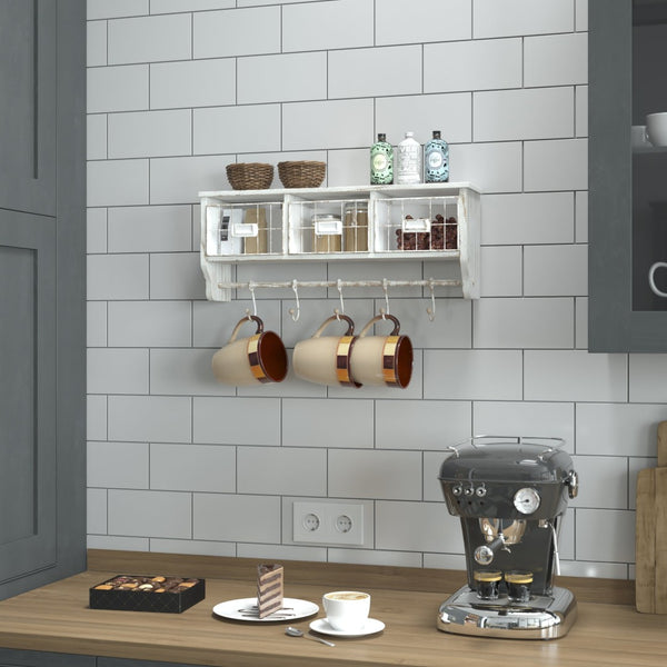 English Elm Daly Wall Mounted Solid Pine Wood Storage Rack with Hooks and Baskets for Stylish Organization White Wash 23.5"W x 5.5"D x 9.25"H HFMHD-GDI-CRE8-012315-GG