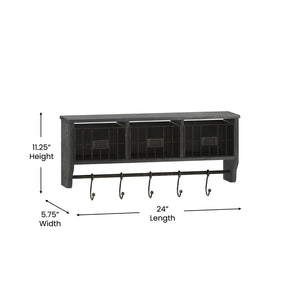 English Elm Daly Wall Mounted Solid Pine Wood Storage Rack with Hooks and Baskets for Stylish Organization Black Wash 23.5"W x 5.5"D x 9.25"H HFMHD-GDI-CRE8-112315-GG