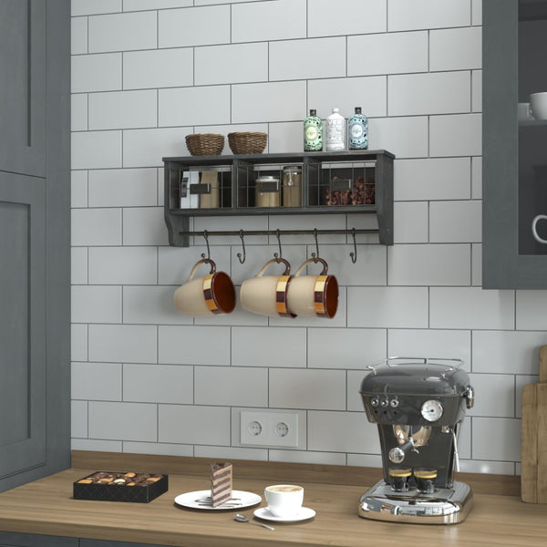 English Elm Daly Wall Mounted Solid Pine Wood Storage Rack with Hooks and Baskets for Stylish Organization Black Wash 23.5"W x 5.5"D x 9.25"H HFMHD-GDI-CRE8-112315-GG