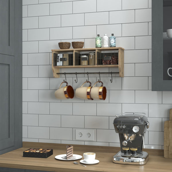 English Elm Daly Wall Mounted Solid Pine Wood Storage Rack with Hooks and Baskets for Stylish Organization Rustic Brown 23.5"W x 5.5"D x 9.25"H HFMHD-GDI-CRE8-902315-GG