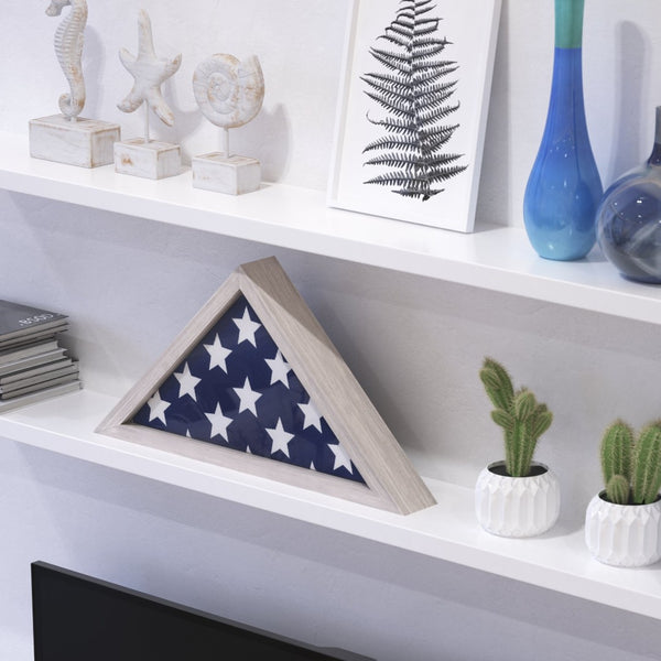 English Elm Sheehan Solid Wood Memorial Flag Display Case - Elegant Shadowbox for American Veteran Flag Protection White Wash 17.5"W x 3"D x 12.5"H HFMHD-GDIS-CRE8-802315-GG
