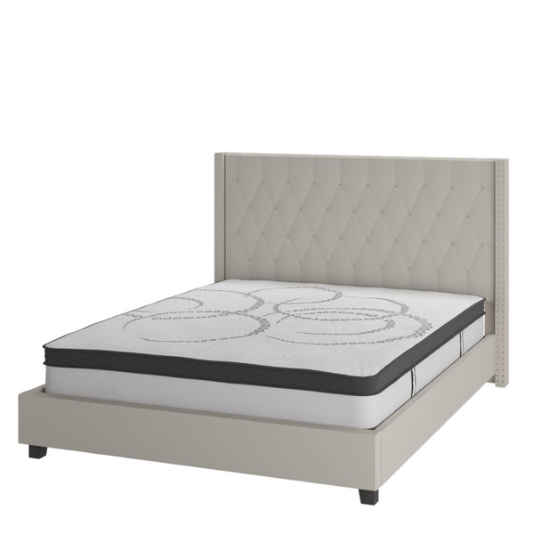 English Elm Riverdale Full Size Tufted Upholstered Platform Bed with 10" Pocket Spring Mattress for Cozy Comfort Beige In Stock. Usually ships in 24 - 48 business hours HG-BM10-34-GG