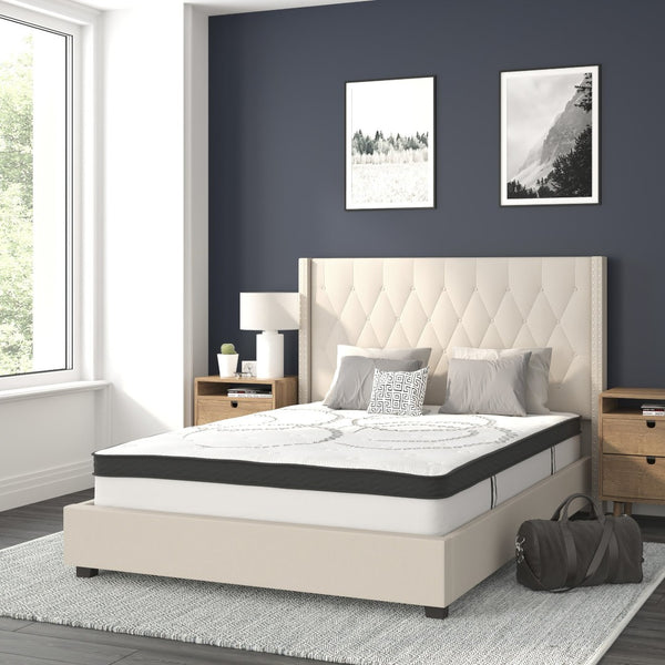 English Elm Riverdale Full Size Tufted Upholstered Platform Bed with 10" Pocket Spring Mattress for Cozy Comfort Beige In Stock. Usually ships in 24 - 48 business hours HG-BM10-34-GG