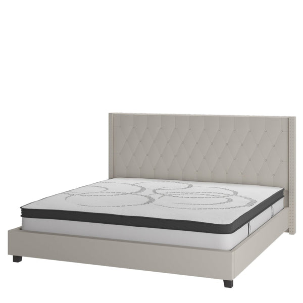 English Elm Riverdale Full Size Tufted Upholstered Platform Bed with 10" Pocket Spring Mattress for Cozy Comfort Beige In Stock. Usually ships in 24 - 48 business hours HG-BM10-36-GG