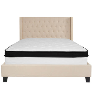 English Elm Riverdale Queen Size Tufted Platform Bed & Hybrid Mattress Set – Elegant Sleep Solution for Your Home Beige HG-BMF-35-GG