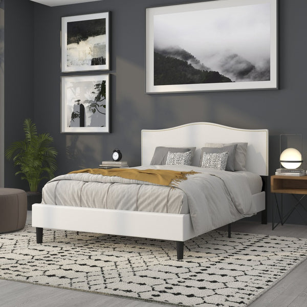 English Elm Lexington Upholstered Full Headboard with Brass Nailhead Trim for a Modern Bedroom Update White In Stock. Usually ships in 24 - 48 business hours HG-HB1707-Q-W-GG