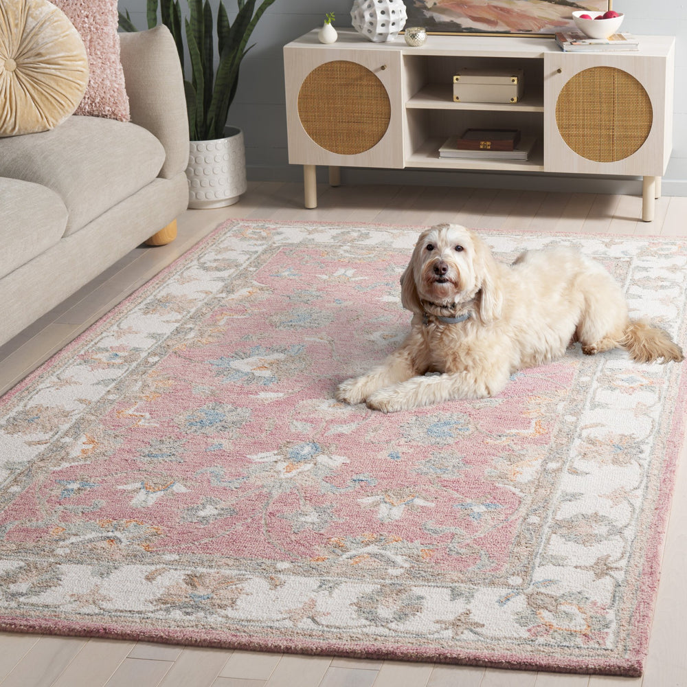 Safavieh Heritage Hand‑Tufted Pink & Ivory Wool Rug 5'X8' — Low‑Pile 1/4" Durable Cotton Blend, Minimalist Elegance HG125U-5