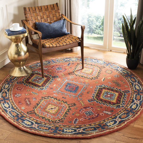 Safavieh Heritage Hand-Tufted Wool Rug In Rust With Navy Border — Timeless Medallion & Botanical Elegance 4'-0" x 6'-0" HG427P-4