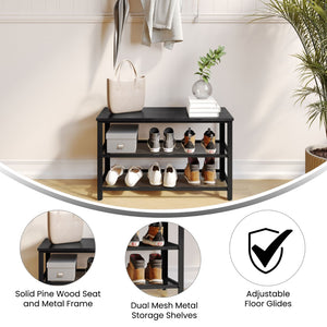 English Elm Easton 3-Tier Wooden Entryway Bench with Industrial Metal Frame for Stylish Storage and Seating Black Wash HGWA-BCH-MTL-3T-BLKWSH-GG