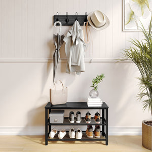 English Elm Easton 3-Tier Wooden Entryway Bench with Industrial Metal Frame for Stylish Storage and Seating Black Wash HGWA-BCH-MTL-3T-BLKWSH-GG