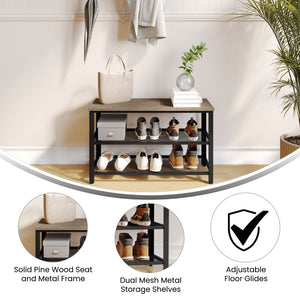 English Elm Easton 3-Tier Wooden Entryway Bench with Industrial Metal Frame for Stylish Storage and Seating Weathered Brown HGWA-BCH-MTL-3T-WEATH-GG