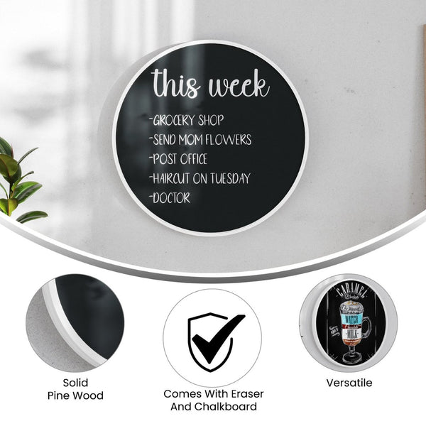 English Elm Canterbury Round Wall-Mounted Magnetic Chalkboard with Eraser and Chalk for Home or Business Use White Washed 24" HGWA-CHKCIRCLE24-WHTWSH-GG